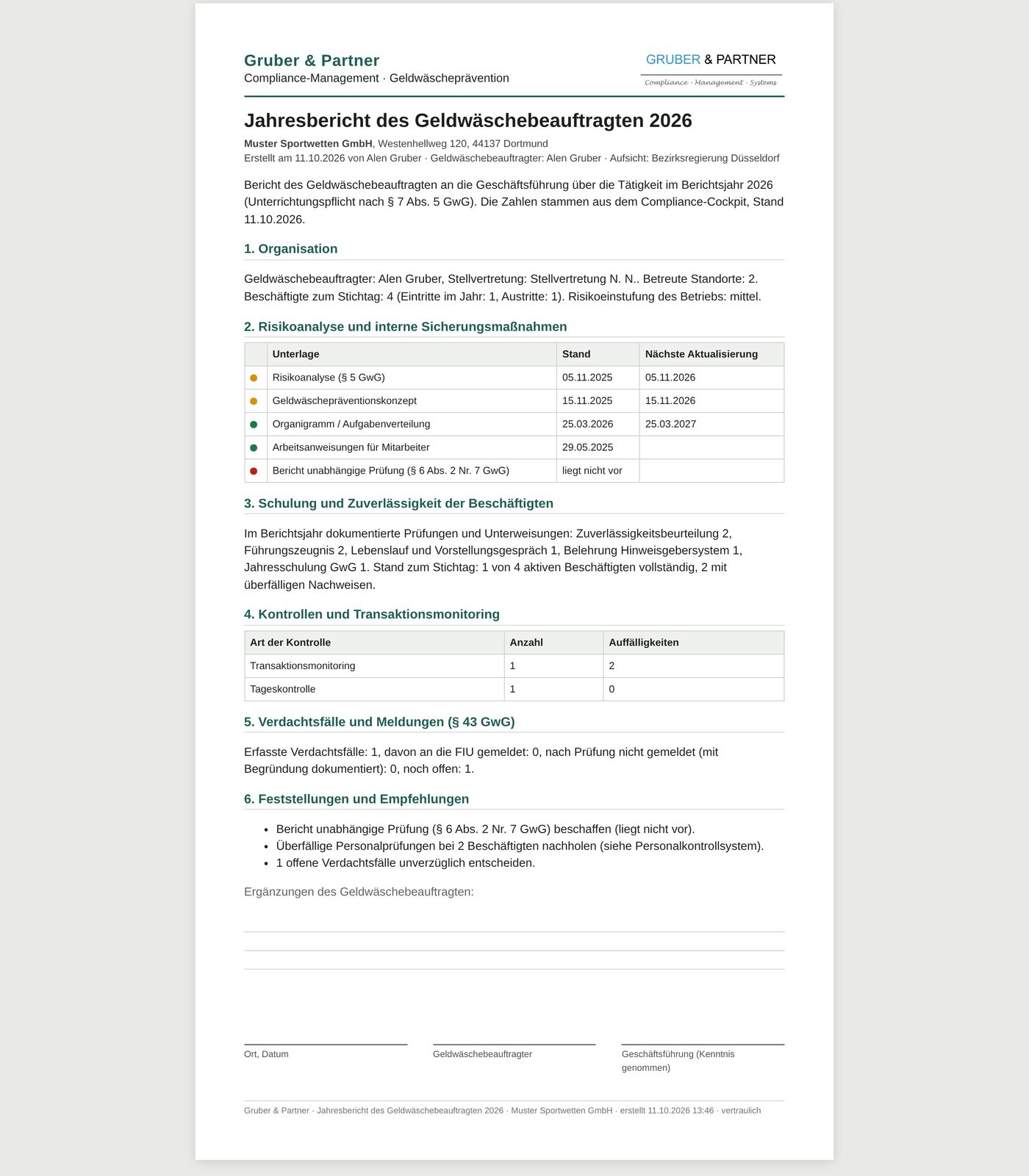 Jahresbericht des Geldwäschebeauftragten