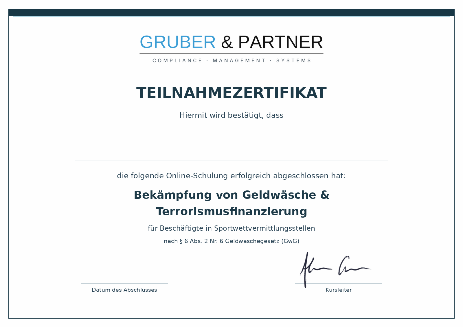 Beispiel-Zertifikat Bekämpfung von Geldwäsche & Terrorismusfinanzierung