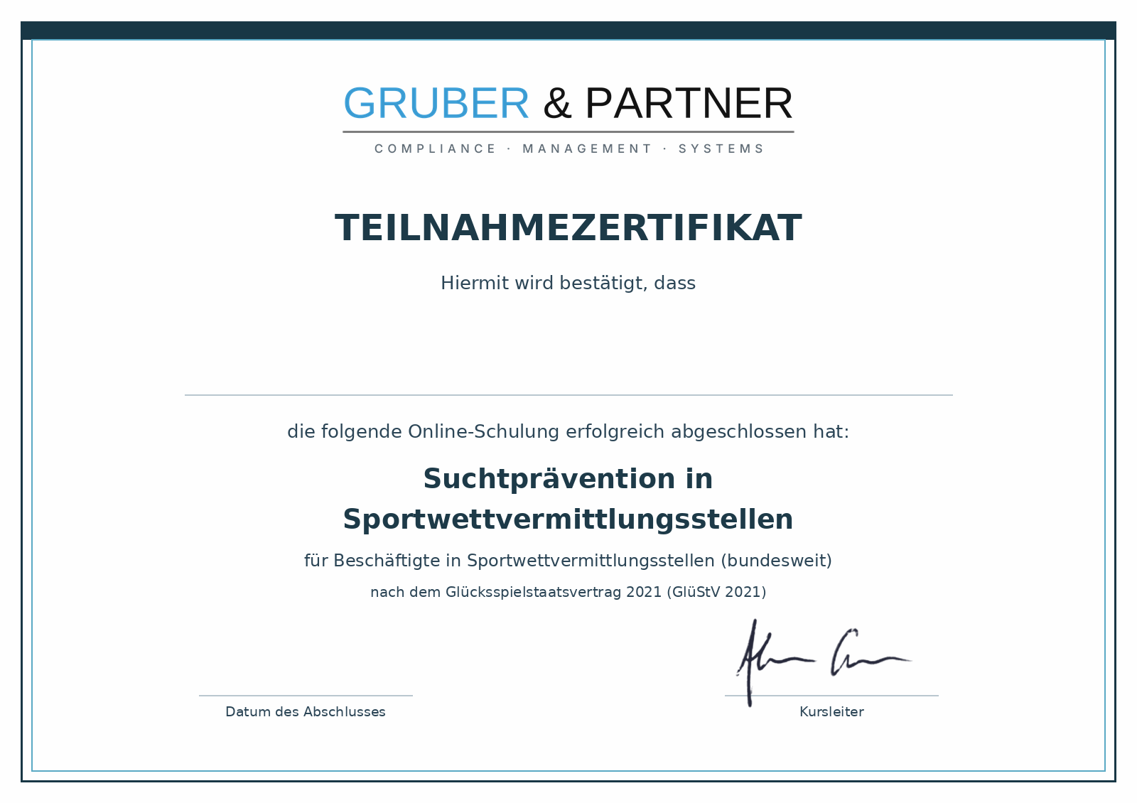 Beispiel-Zertifikat Suchtprävention in Sportwettvermittlungsstellen (bundesweit)